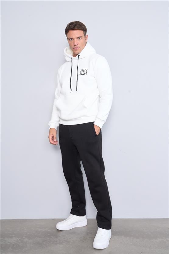 Mentality 3544 Kapüşonlu 3 İplik Şardonlu Baskılı Krem Sweatshirt