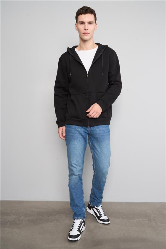 Mentality 3569 Kapüşonlu 3 İplik Şardonlu Siyah Sweatshirt