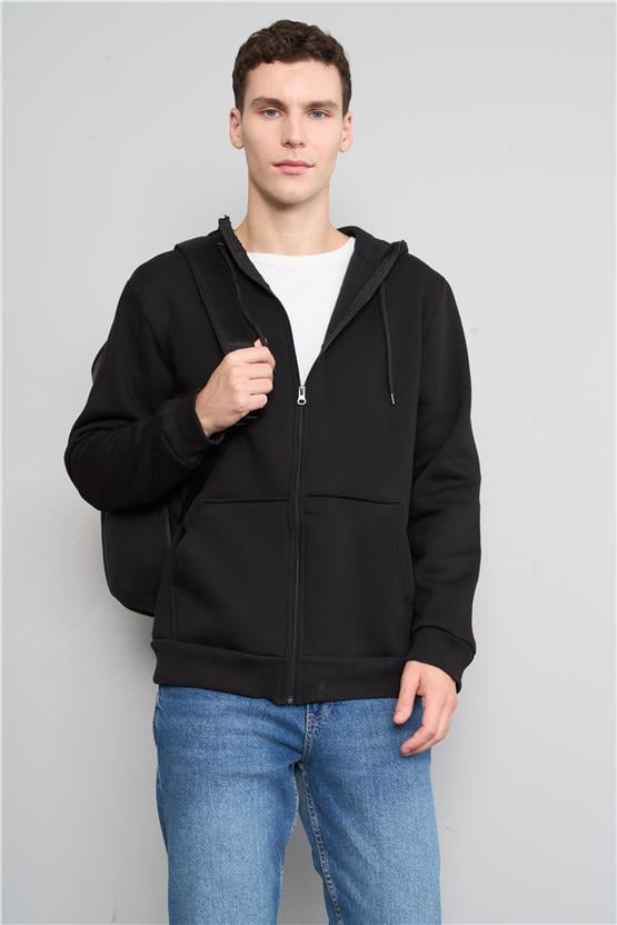 Mentality 3569 Kapüşonlu 3 İplik Şardonlu Siyah Sweatshirt
