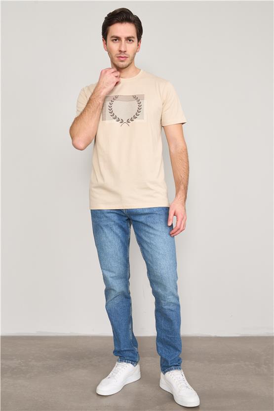 Mentality 4034 Erkek Bisiklet Yaka Baskılı Regular T-shirt Bej