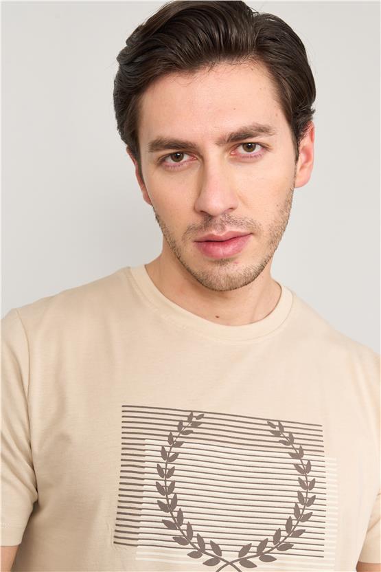 Mentality 4034 Erkek Bisiklet Yaka Baskılı Regular T-shirt Bej