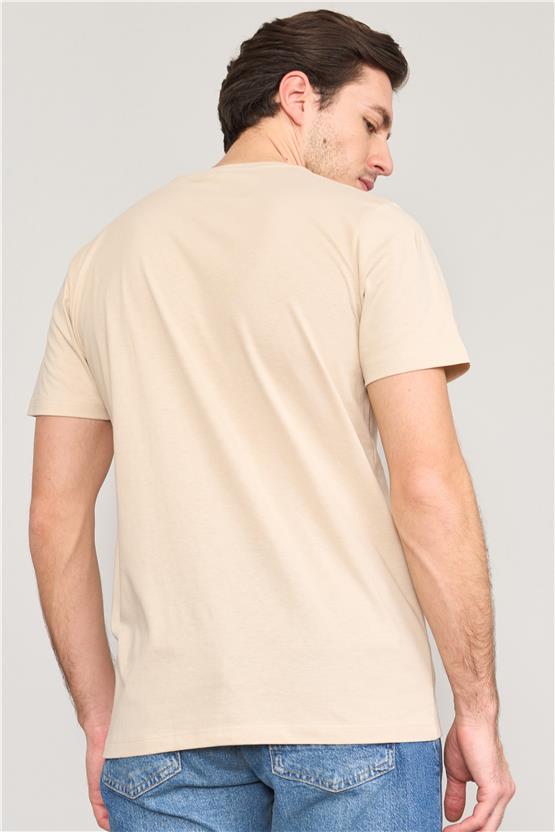 Mentality 4034 Erkek Bisiklet Yaka Baskılı Regular T-shirt Bej