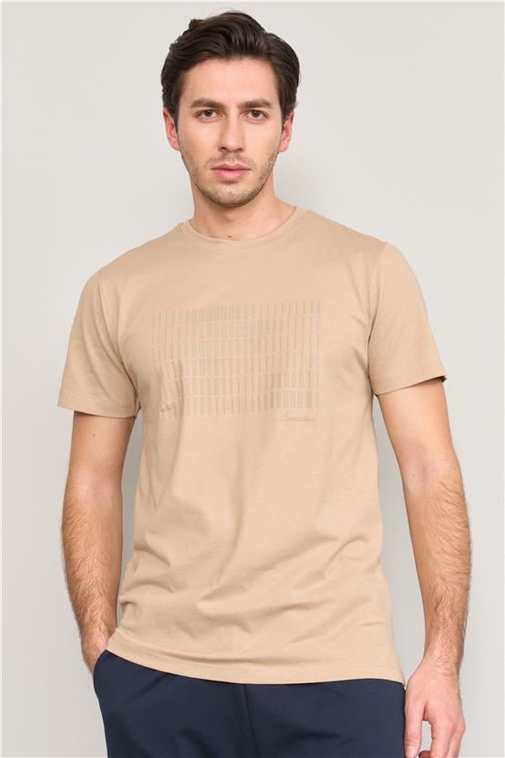 Mentality 4035 Erkek Bisiklet Yaka Baskılı Regular T-shirt Taş