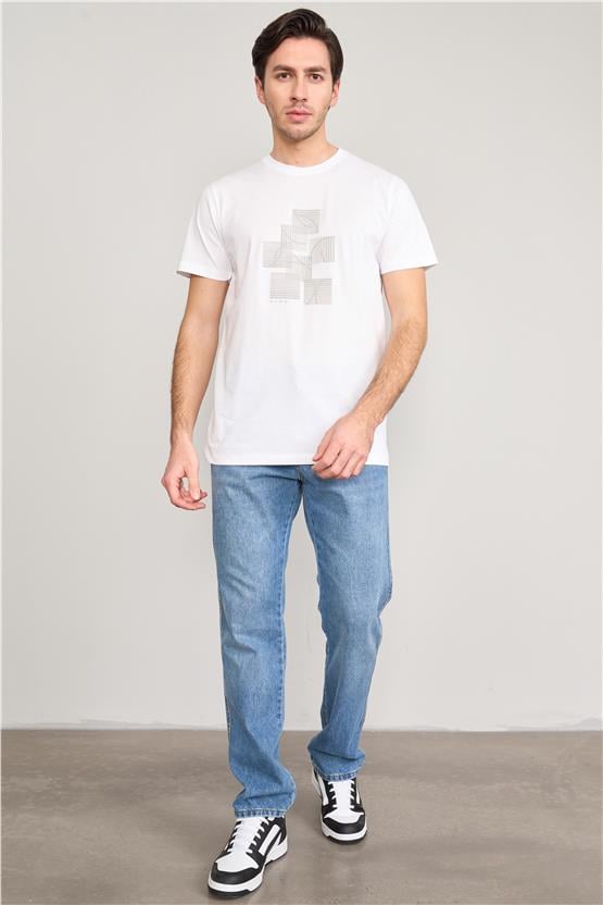 Mentality 4036 Erkek Bisiklet Yaka Baskılı Regular T-shirt Beyaz