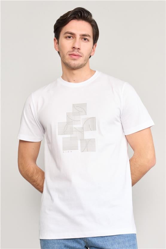 Mentality 4036 Erkek Bisiklet Yaka Baskılı Regular T-shirt Beyaz