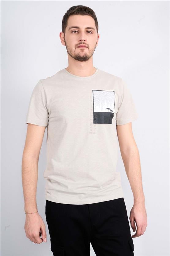 Mentality 4037  Erkek Bisiklet Yaka Penye T-shirt Bej