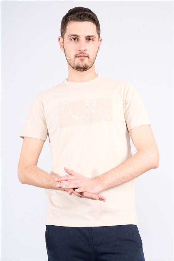 Mentality 4038 Erkek Bisiklet Yaka Baskılı Regular T-shirt Bej