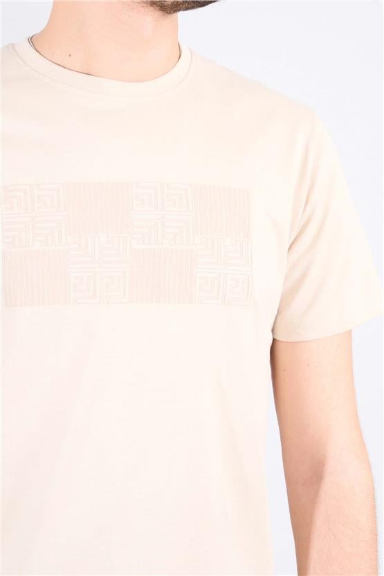 Mentality 4038 Erkek Bisiklet Yaka Baskılı Regular T-shirt Bej