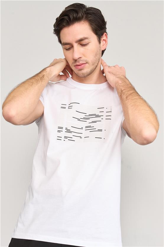 Mentality 4041 Erkek Bisiklet Yaka Baskılı Regular T-shirt Beyaz