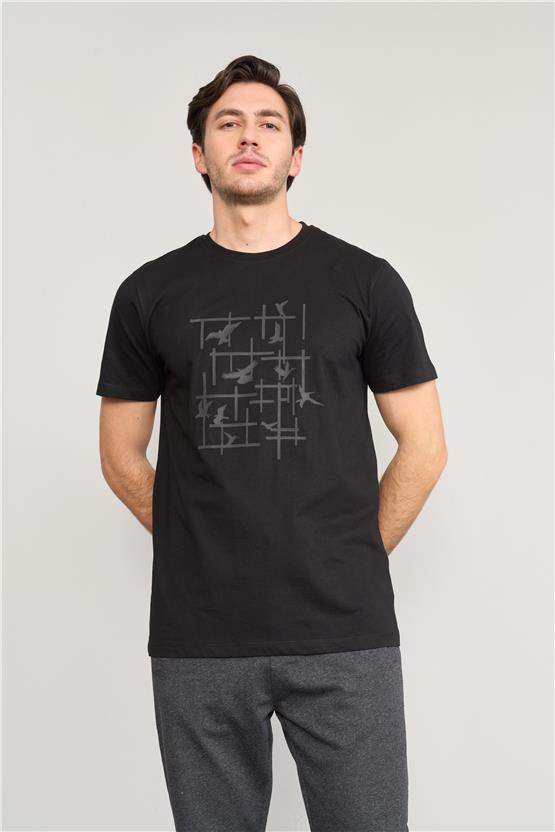 Mentality 4042 Erkek Bisiklet Yaka Baskılı Regular T-shirt Siyah