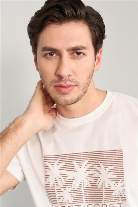 Mentality 4043 Erkek Bisiklet Yaka Baskılı Regular T-shirt Ekru