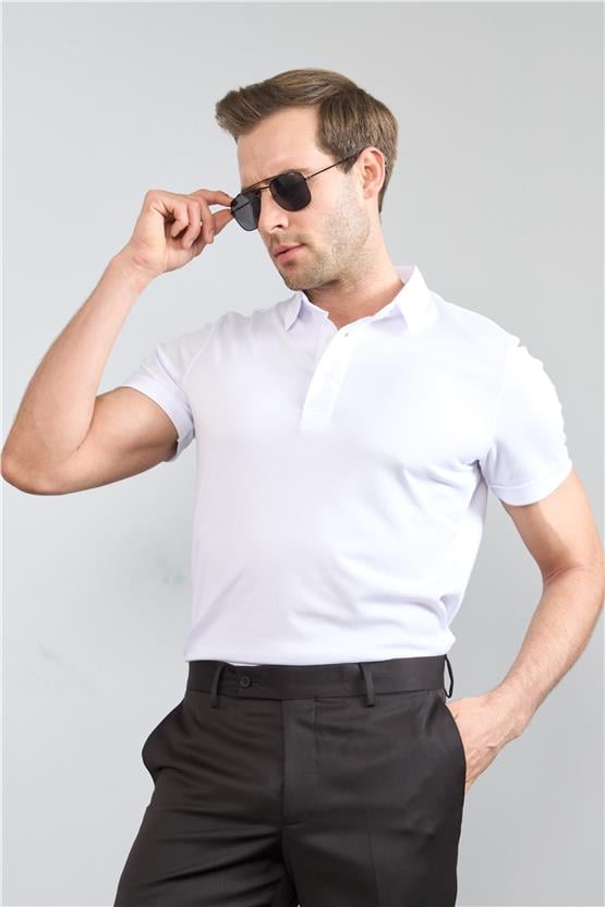Mentality 4050 Erkek Polo Yaka Penye Pike T-shirt Beyaz