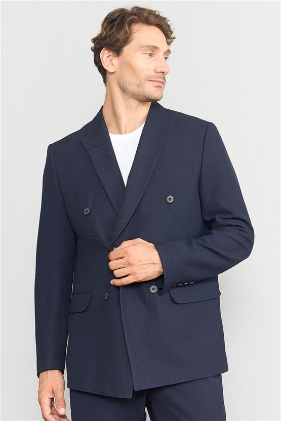 Mentality 4255 Erkek Sivri Yaka Slim Fit Kruvaze Ceket Lacivert