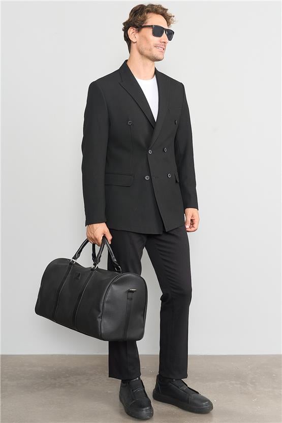 Mentality 4255 Erkek Sivri Yaka Slim Fit Kruvaze Ceket Siyah