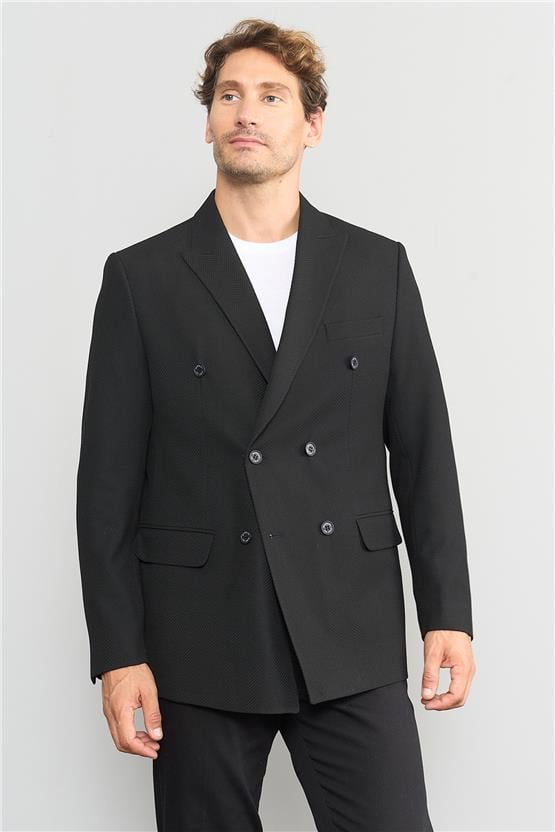 Mentality 4255 Erkek Sivri Yaka Slim Fit Kruvaze Ceket Siyah