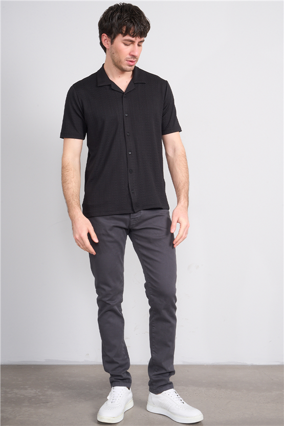 Mentality 4570 Erkek Apaş Yaka Kısa Kol Regular Örme Gömlek Siyah