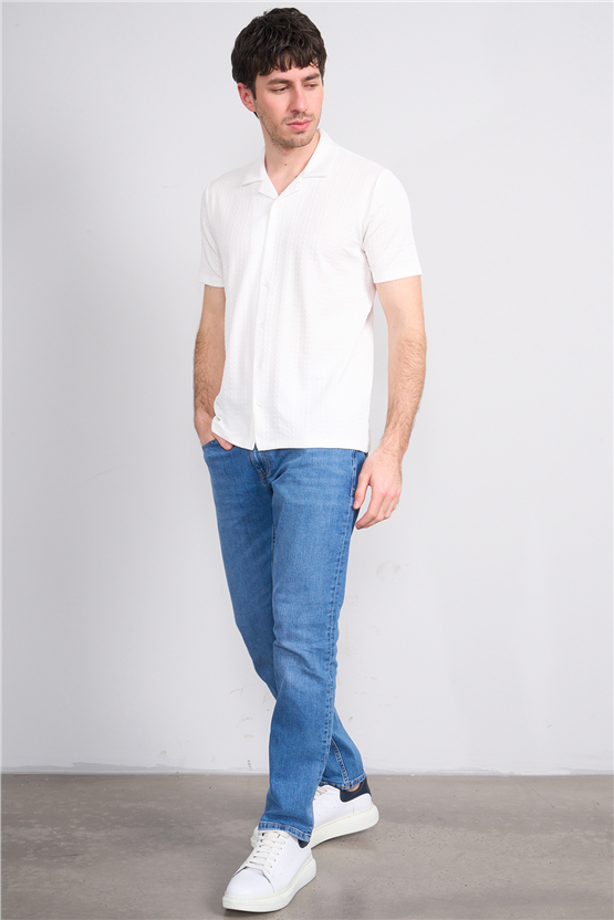 Mentality 4570 Erkek Apaş Yaka Kısa Kol Regular Örme Gömlek Beyaz