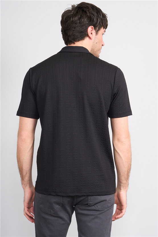 Mentality 4570 Erkek Apaş Yaka Kısa Kol Regular Örme Gömlek Siyah