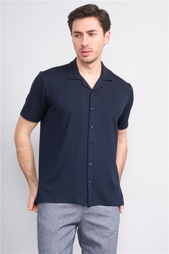 Mentality 4570 Erkek Apaş Yaka Kısa Kol Regular Örme Gömlek Lacivert