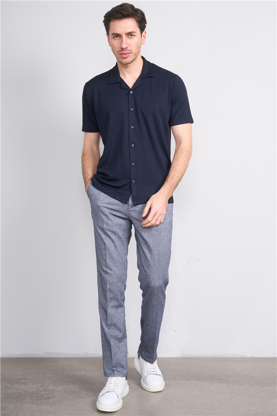 Mentality 4570 Erkek Apaş Yaka Kısa Kol Regular Örme Gömlek Lacivert