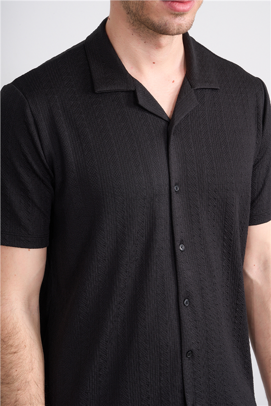 Mentality 4570 Erkek Apaş Yaka Kısa Kol Regular Örme Gömlek Siyah