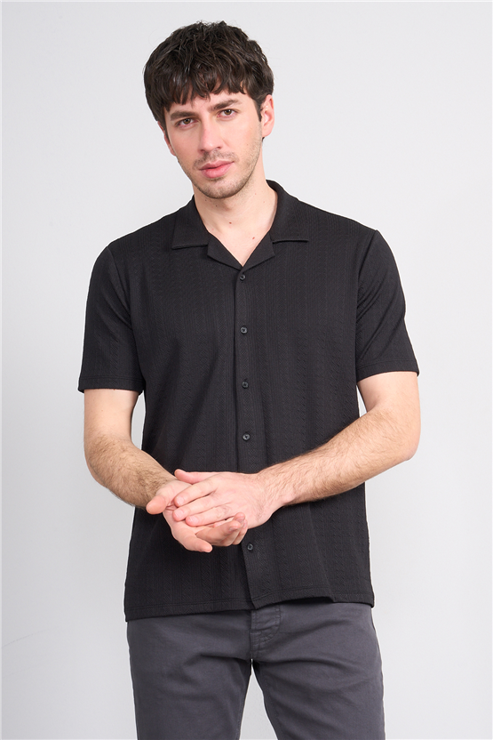 Mentality 4570 Erkek Apaş Yaka Kısa Kol Regular Örme Gömlek Siyah