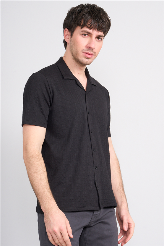 Mentality 4570 Erkek Apaş Yaka Kısa Kol Regular Örme Gömlek Siyah