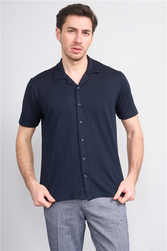 Mentality 4570 Erkek Apaş Yaka Kısa Kol Regular Örme Gömlek Lacivert