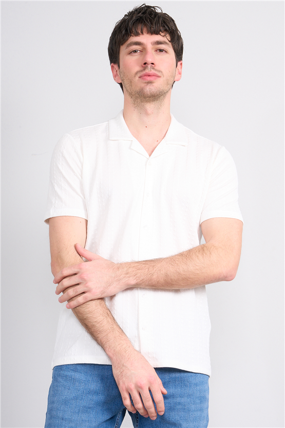 Mentality 4570 Erkek Apaş Yaka Kısa Kol Regular Örme Gömlek Beyaz