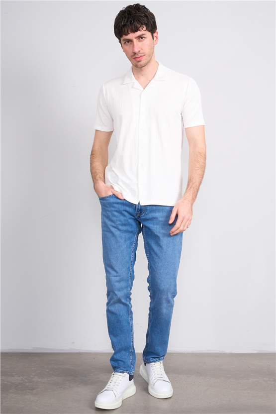 Mentality 4570 Erkek Apaş Yaka Kısa Kol Regular Örme Gömlek Beyaz