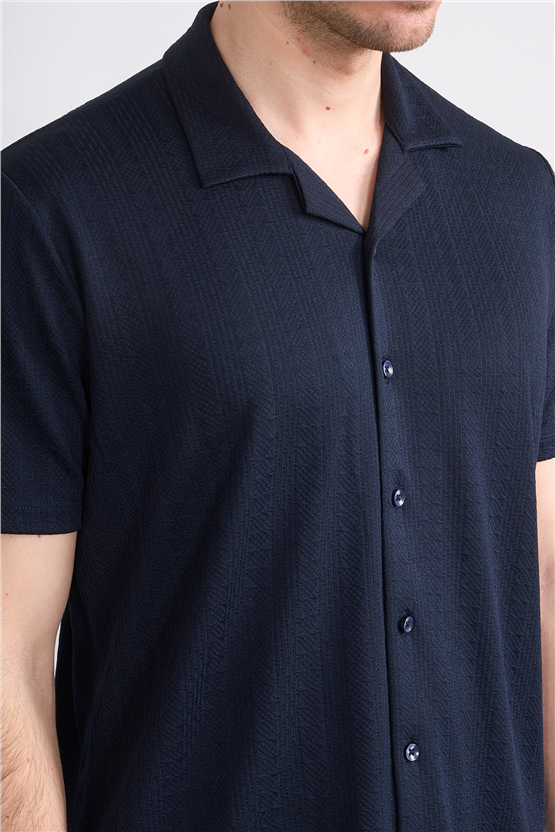 Mentality 4570 Erkek Apaş Yaka Kısa Kol Regular Örme Gömlek Lacivert