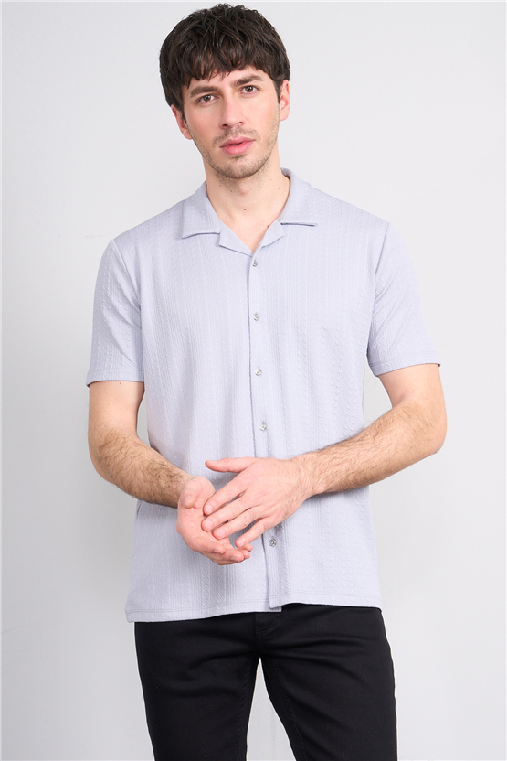 Mentality 4570 Erkek Apaş Yaka Kısa Kol Regular Örme Gömlek Gri