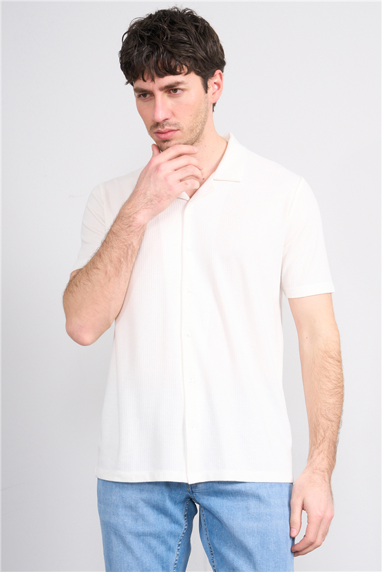 Mentality 4571 Erkek Apaş Yaka Kısa Kol Regular Örme Gömlek Beyaz