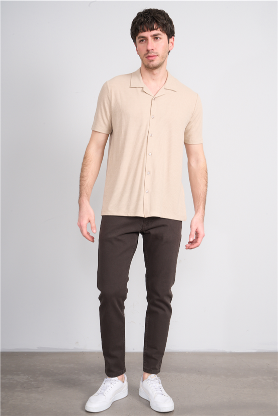 Mentality 4571 Erkek Apaş Yaka Kısa Kol Regular Örme Gömlek Taş