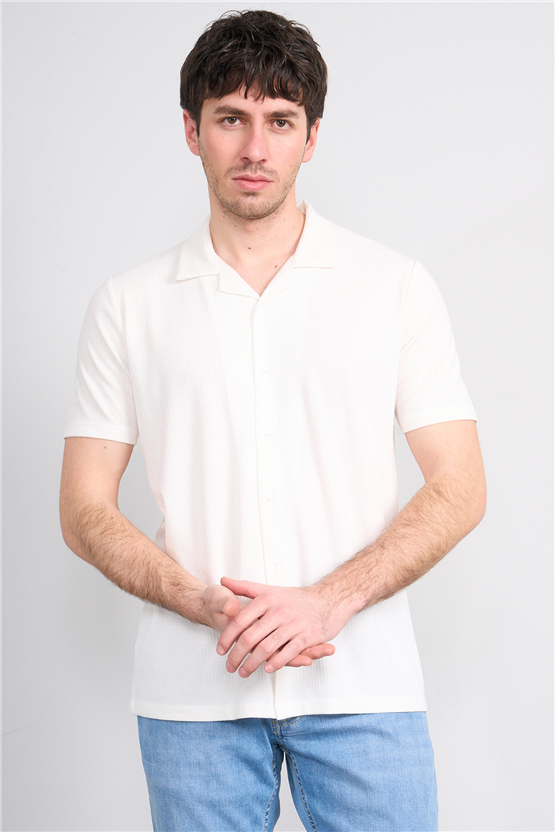 Mentality 4571 Erkek Apaş Yaka Kısa Kol Regular Örme Gömlek Beyaz