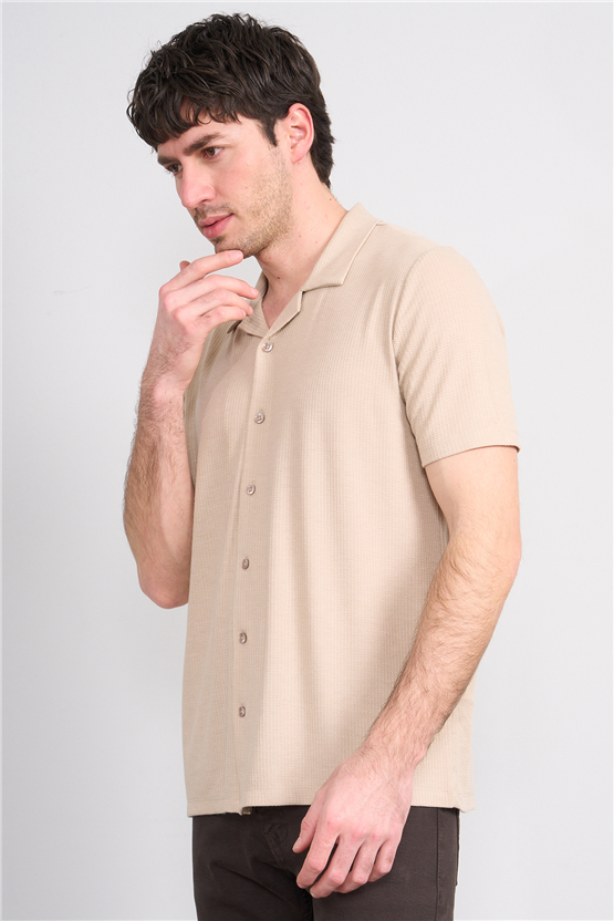 Mentality 4571 Erkek Apaş Yaka Kısa Kol Regular Örme Gömlek Taş