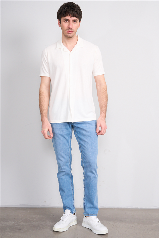 Mentality 4571 Erkek Apaş Yaka Kısa Kol Regular Örme Gömlek Beyaz