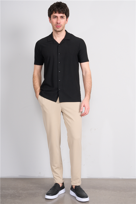Mentality 4573 Erkek Apaş Yaka Kısa Kol Regular Örme Gömlek Siyah