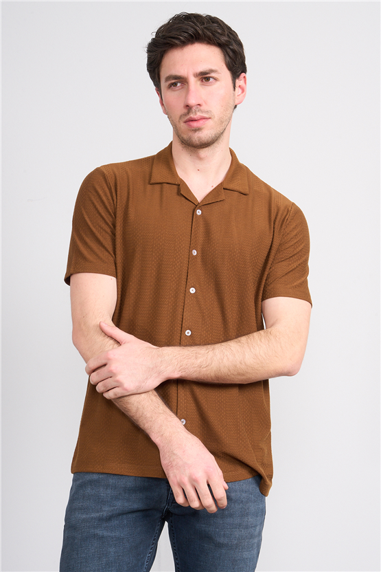 Mentality 4573 Erkek Apaş Yaka Kısa Kol Regular Örme Gömlek Kahve
