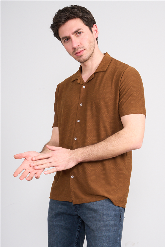 Mentality 4573 Erkek Apaş Yaka Kısa Kol Regular Örme Gömlek Kahve