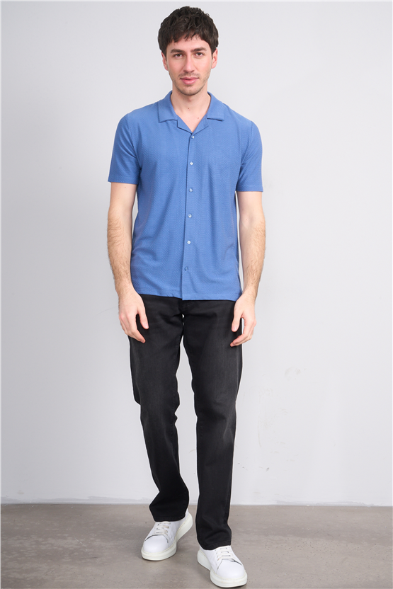 Mentality 4573 Erkek Apaş Yaka Kısa Kol Regular Örme Gömlek İndigo
