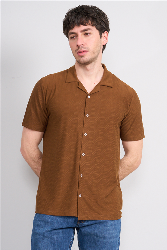 Mentality 4573 Erkek Apaş Yaka Kısa Kol Regular Örme Gömlek Kahve