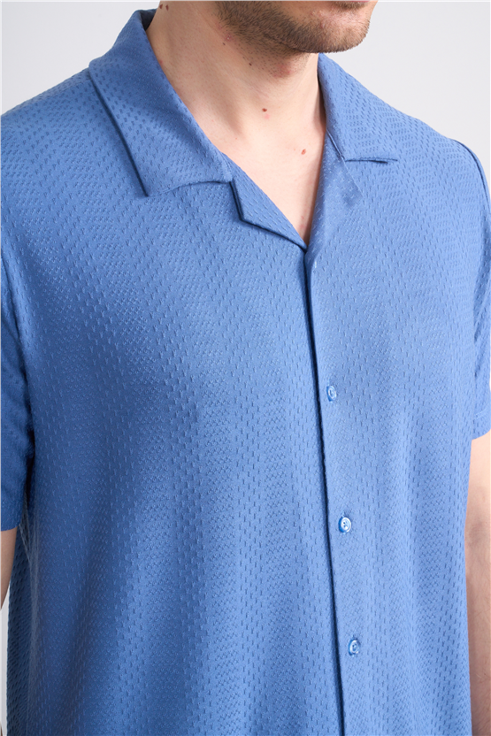 Mentality 4573 Erkek Apaş Yaka Kısa Kol Regular Örme Gömlek İndigo