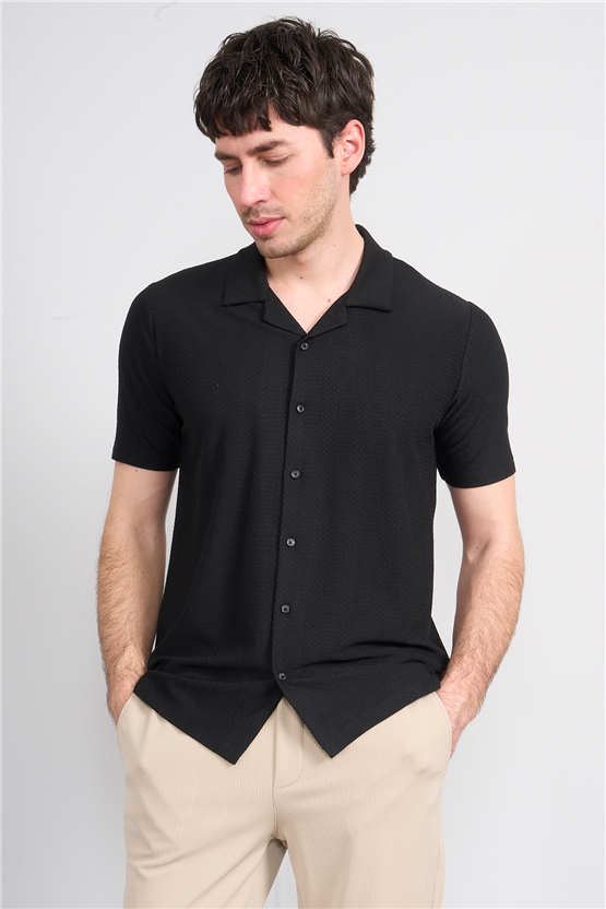 Mentality 4573 Erkek Apaş Yaka Kısa Kol Regular Örme Gömlek Siyah