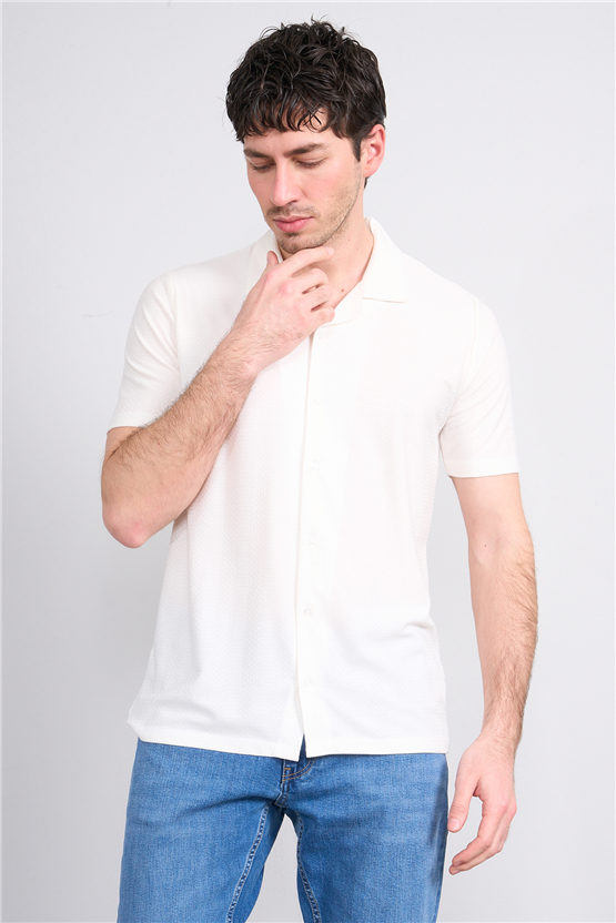 Mentality 4573 Erkek Apaş Yaka Kısa Kol Regular Örme Gömlek Beyaz