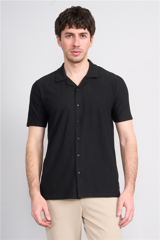 Mentality 4573 Erkek Apaş Yaka Kısa Kol Regular Örme Gömlek Siyah