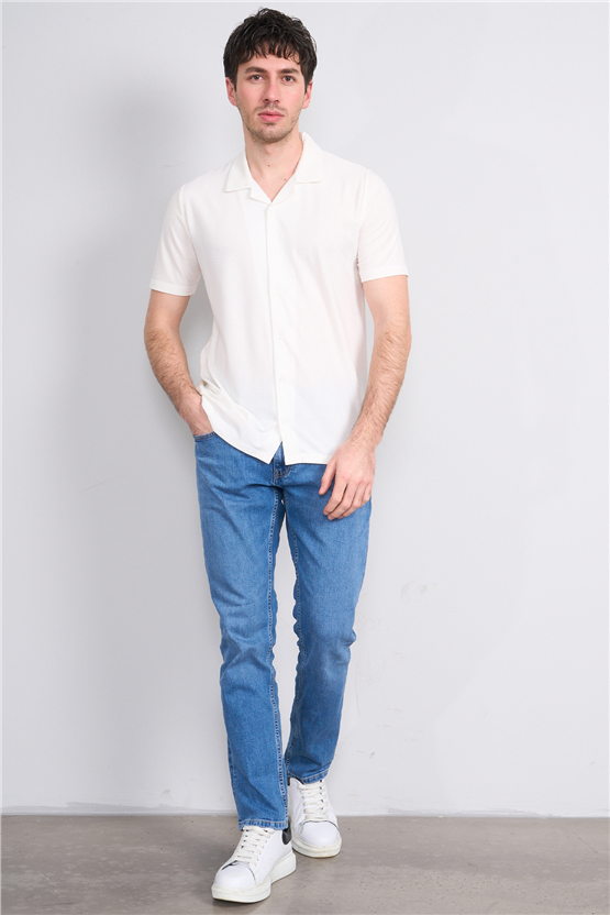 Mentality 4573 Erkek Apaş Yaka Kısa Kol Regular Örme Gömlek Beyaz