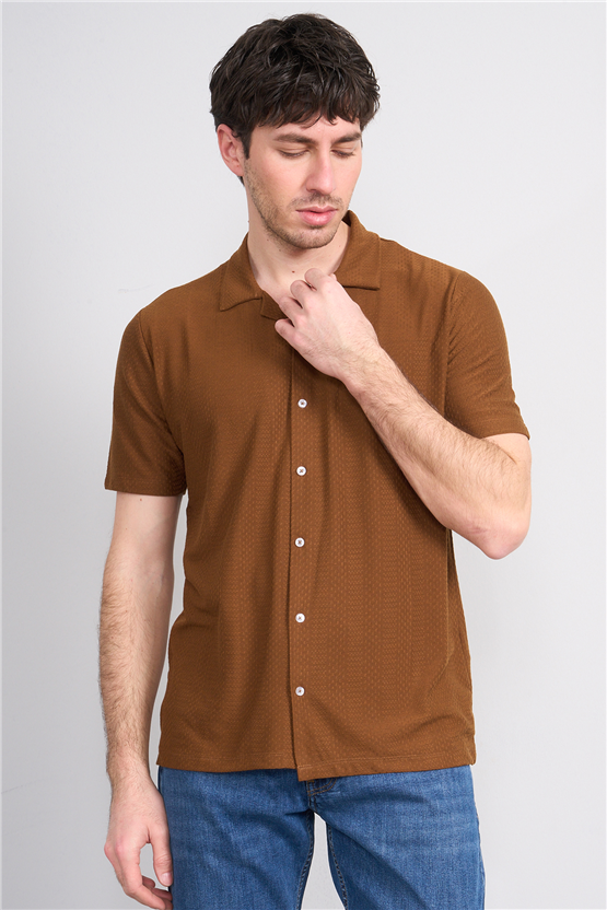 Mentality 4573 Erkek Apaş Yaka Kısa Kol Regular Örme Gömlek Kahve