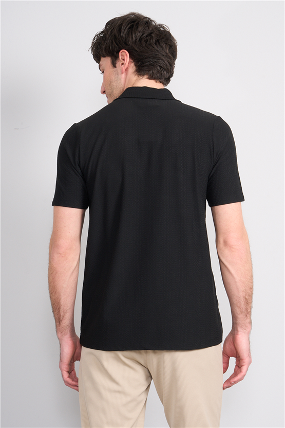 Mentality 4573 Erkek Apaş Yaka Kısa Kol Regular Örme Gömlek Siyah