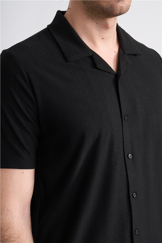 Mentality 4573 Erkek Apaş Yaka Kısa Kol Regular Örme Gömlek Siyah